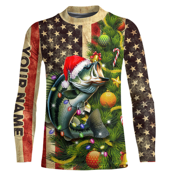 Personalized Christmas Bass fishing American flag patriotic Performance long sleeve Fishing Shirts NQS6944