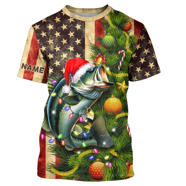 Personalized Christmas Bass fishing American flag patriotic Performance long sleeve Fishing Shirts NQS6944