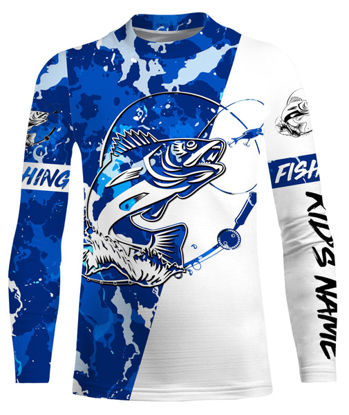 Walleye Fishing blue sea camouflage custom Name UV Protection Shirts, Walleye Fishing Jerseys FSD3172