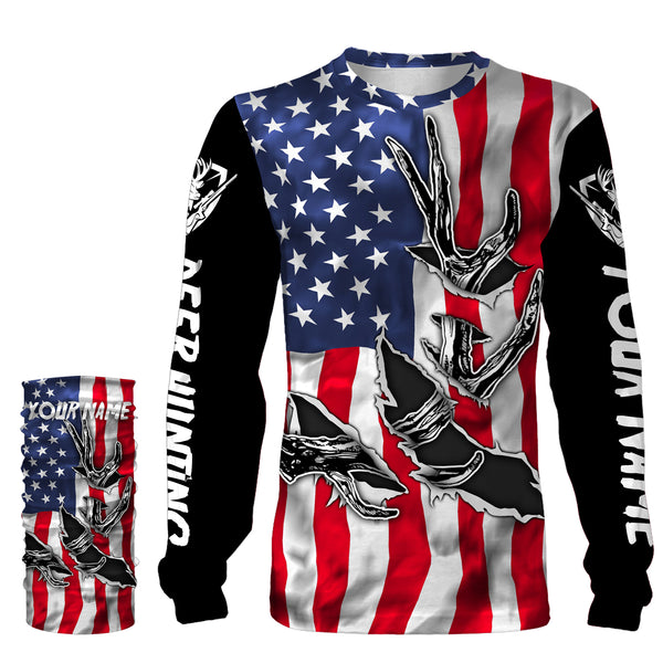 American Flag Deer Hunting Antler 3D Patriotic Custom Name All Over Printed Shirts - Personalized Deer Hunting, Shed Hunting Gift FSD2593