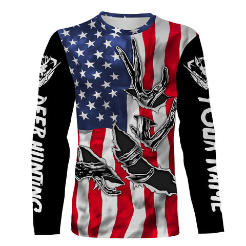 American Flag Deer Hunting Antler 3D Patriotic Custom Name All Over Printed Shirts - Personalized Deer Hunting, Shed Hunting Gift FSD2593