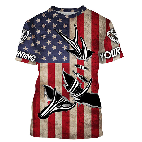 Personalized Deer Hunting American Flag Shirts Customize Name 3D Deer Antler All Over Printed Shirts FSD3398