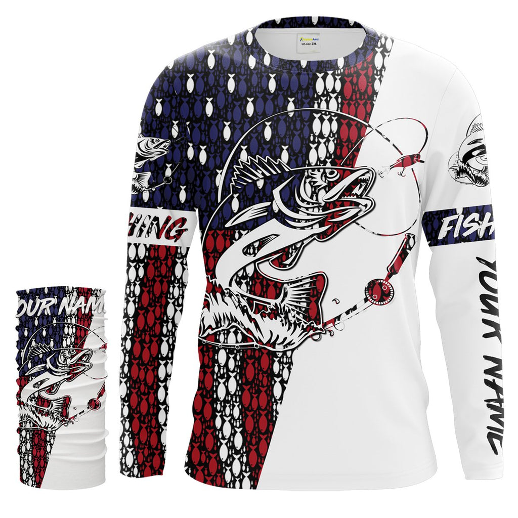 Walleye Fishing Angler American Flag Customize Name All Over Printed UV Protection Shirts - Walleye Fishing Jersey FSD2152 Long Sleeves UPF + Face