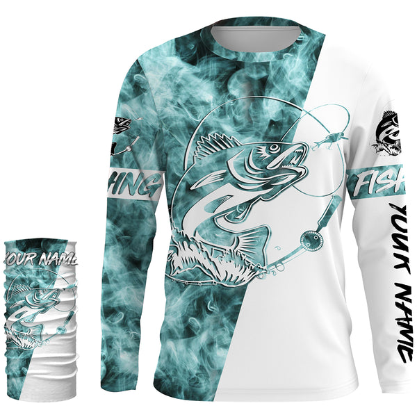 Walleye Fishing Blue Smoke 3D Custom Name Sun/UV Protection Shirts For Fisherman Personalized Fishing Gifts FSD2679