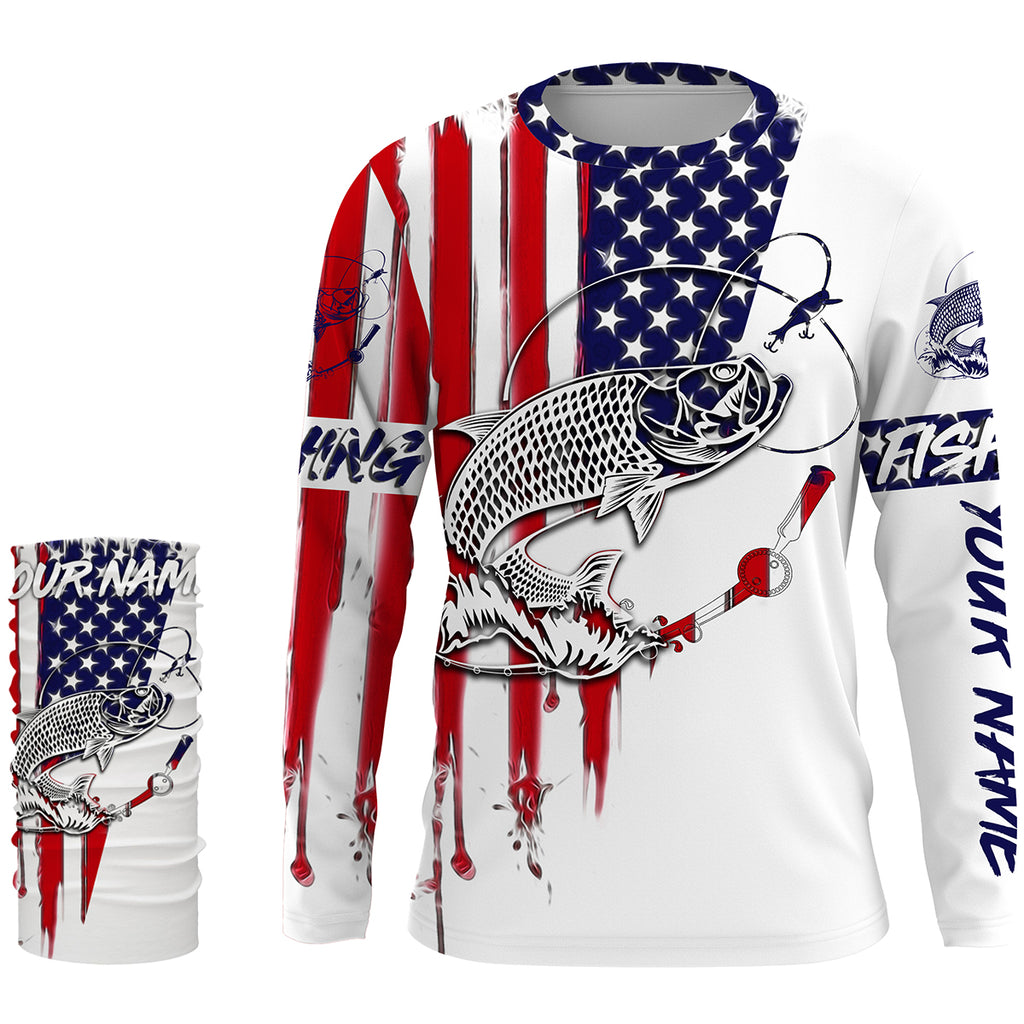 Fishing Shirt American Flag Tarpon Fishing Apparel for adult and Kid Patriotic Fishing Gifts FSD2579, Long Sleeves UPF + Face Shield / 2XL