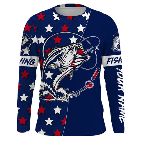 Largemouth Bass Fishing USA flag stars Patriotic 4th of July Fishing Shirts, Personalized Fishing Gift FSD2893