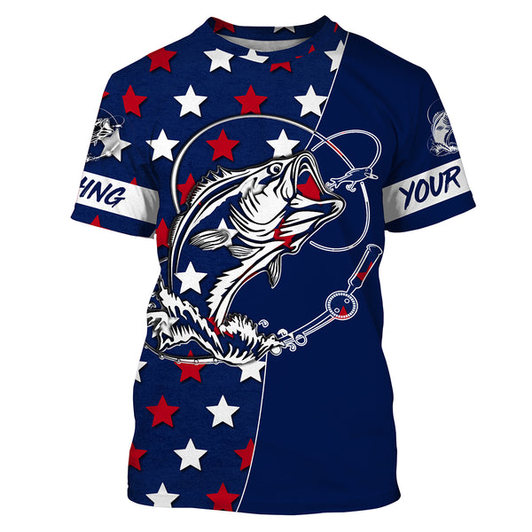 Largemouth Bass Fishing USA flag stars Patriotic 4th of July Fishing Shirts, Personalized Fishing Gift FSD2893