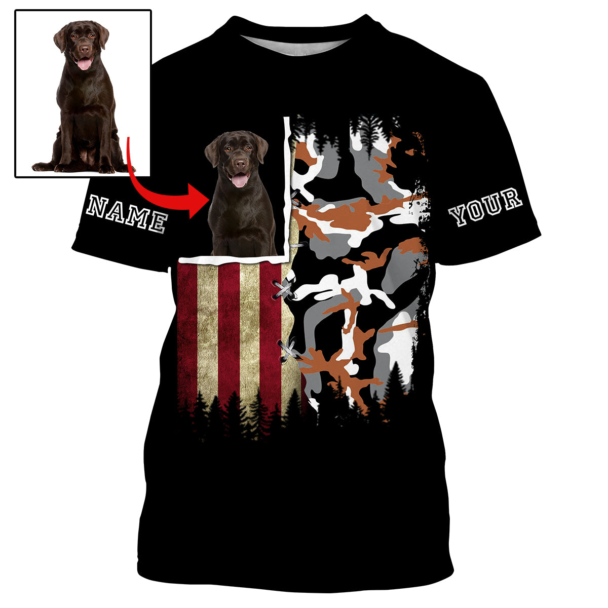 Custom Dog's Photo and Name American flag Camo Full printing Hoodie, T-shirt, Long Sleeve, Personalized Gifts FSD2827