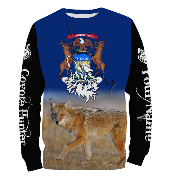 Michigan Coyote Hunting Custom Name 3D All over Printed Shirt, Long Sleeve, Hoodie FSD3022