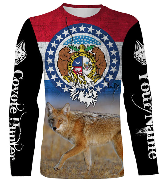 Coyote Hunting Missouri Flag Custom Name 3D All over Printed Shirt, Long Sleeve, Hoodie FSD3028