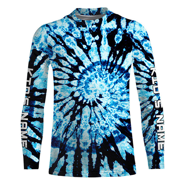 Custom spiral black and blue Tie Dye long sleeve Shirts, Performance UV protection Fishing shirt FSD3367