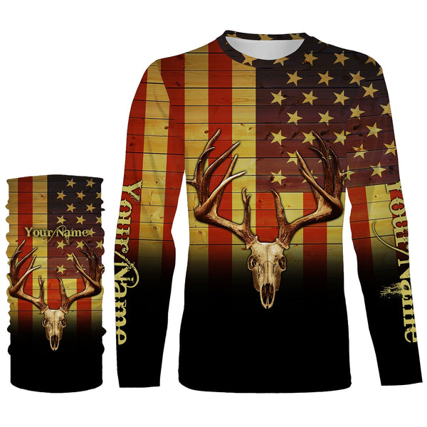 Deer Skull American flag Patriotic Retro Vintage Custom Name all over print shirts, Personalized Gifts FSD3197