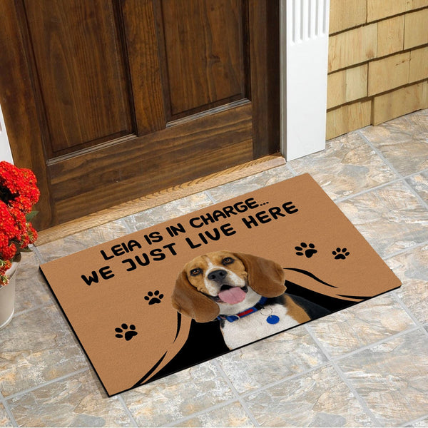 Beagle Dog Custom dog's Name and Photo Doormat Pet is in Charge We Just Live Here Funny Door Mat Personalized gift FSD1558