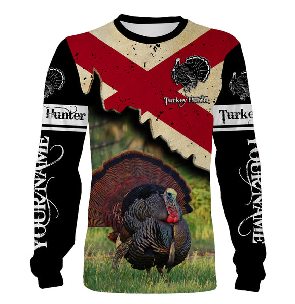 Turkey Hunting Alabama State flag Custom Name All over printed Shirts, Turkey Hunting Gifts FSD3012
