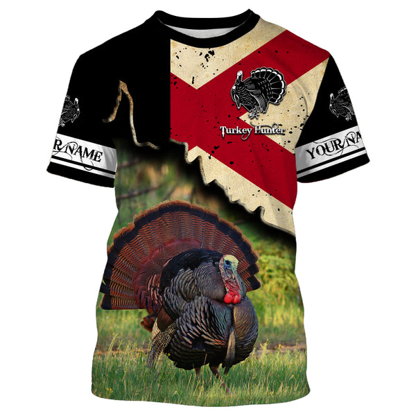 Turkey Hunting Alabama State flag Custom Name All over printed Shirts, Turkey Hunting Gifts FSD3012