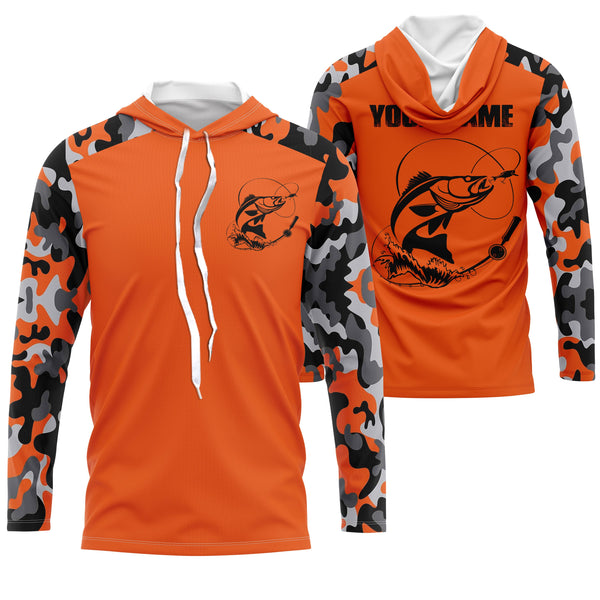 Custom Name Walleye Fishing Camouflage Orange Performance Fishing Shirt, Walleye Fishing Jerseys FSD2475