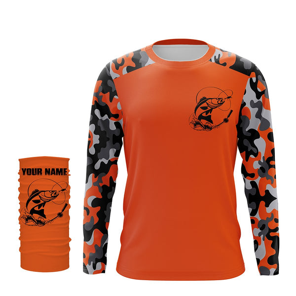 Custom Name Walleye Fishing Camouflage Orange Performance Fishing Shirt, Walleye Fishing Jerseys FSD2475