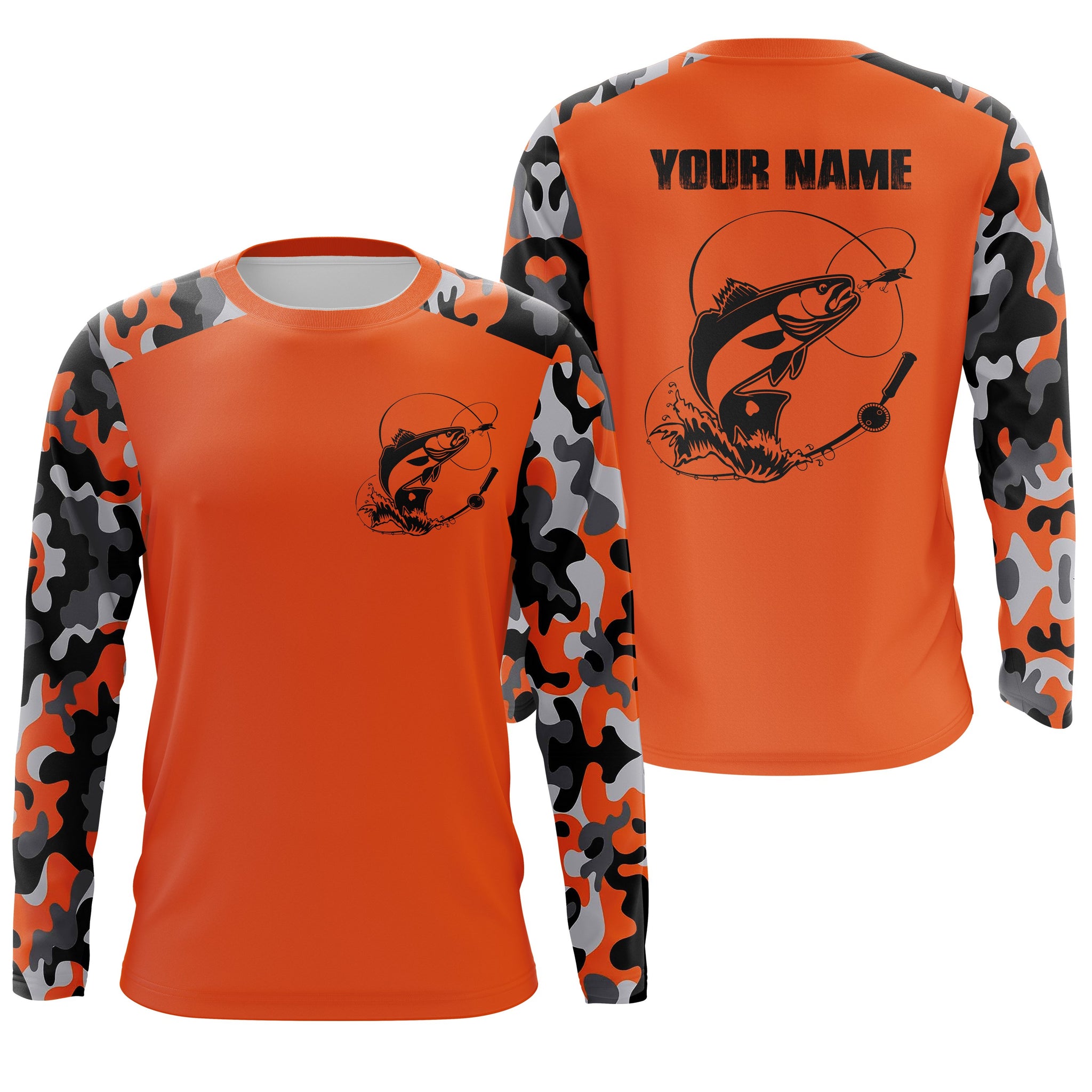 Custom Name Redfish Fishing Camouflage Orange Performance Fishing Shirt, Redfish Fishing Jerseys FSD2477, Long Sleeves UPF / 4XL