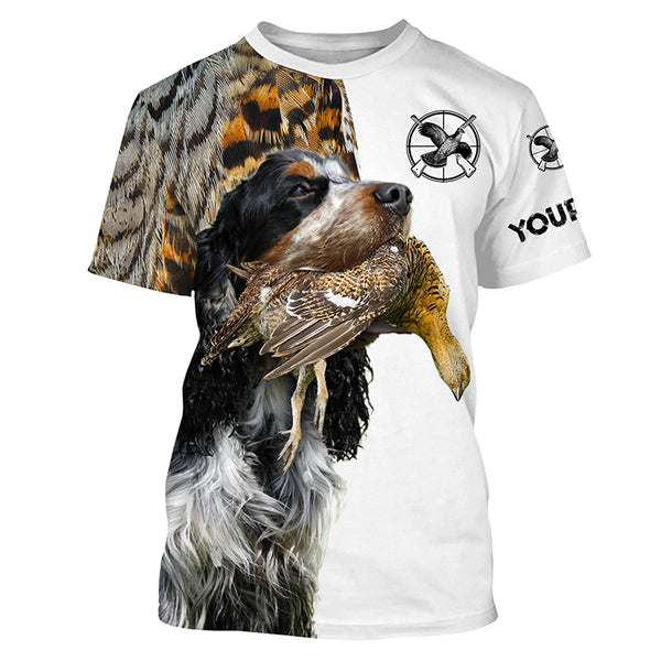 Grouse Hunting with black, white and Tan English Cocker Spaniel custom Name All over print Shirts FSD3615