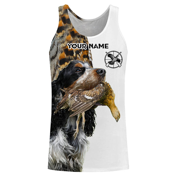 Grouse Hunting with black, white and Tan English Cocker Spaniel custom Name All over print Shirts FSD3615