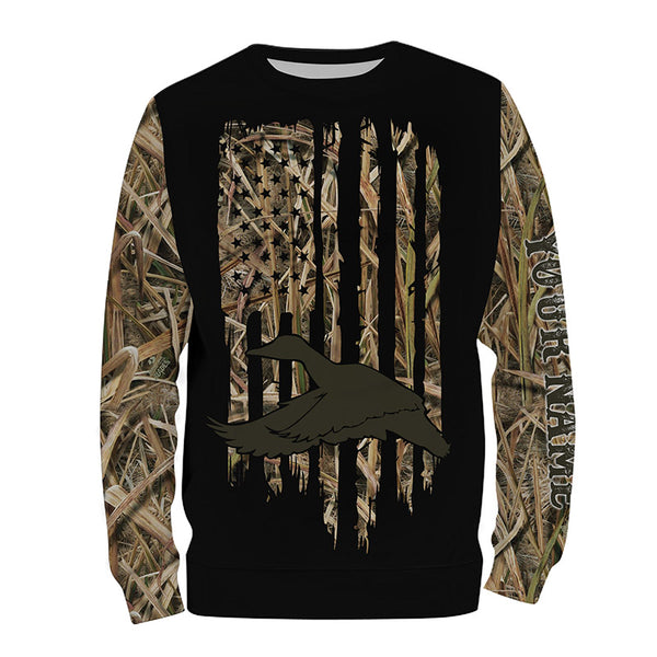 Duck Hunting Waterfowl Camo American flag Customize Name 3D All Over Printed Shirts, Duck Hunting Gifts FSD3379
