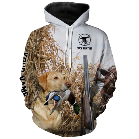 Duck hunting with Dog Yellow Lab Custom Name All over print Shirt, Duck hunting gifts FSD4008