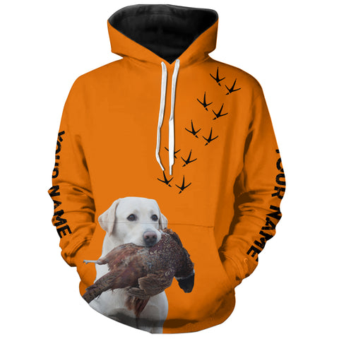 White Labs Dog Pheasant Hunting Blaze Orange custom Name Hunting Hoodie, T-shirt FSD3971