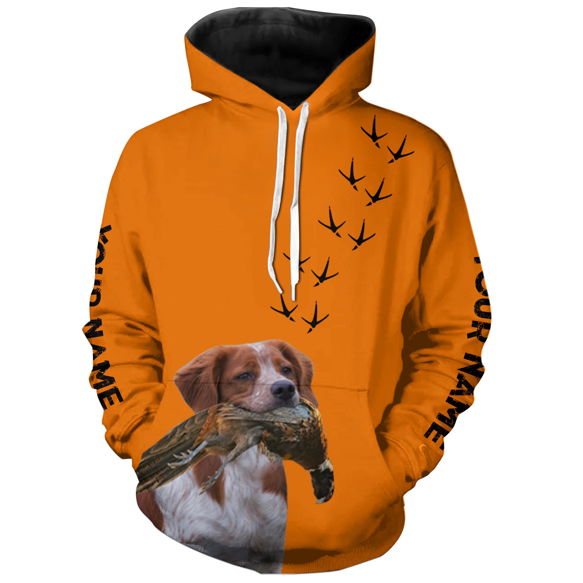 Brittany Dog Pheasant Hunting Blaze Orange custom Name Hunting Hoodie, T-shirt FSD3973