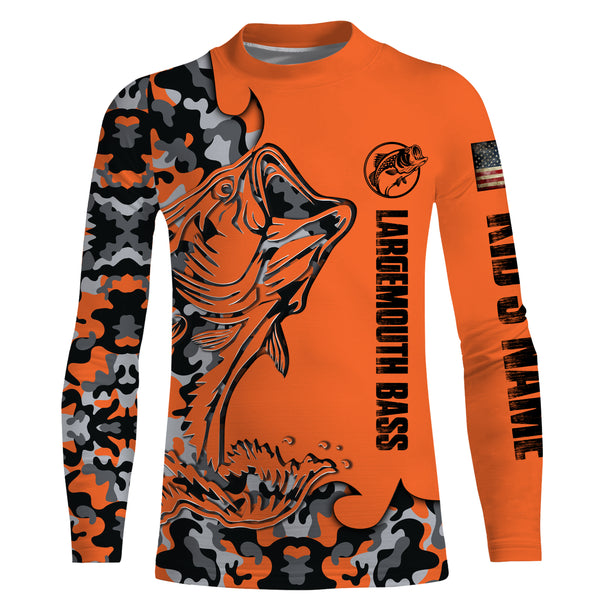 Largemouth Bass Fishing Jerseys, Bass Fishing Long sleeves Orange Camouflage custom Name UV Protection Quick-dry Shirts - FSD2819