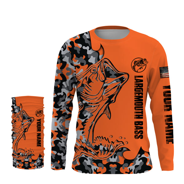 Largemouth Bass Fishing Jerseys, Bass Fishing Long sleeves Orange Camouflage custom Name UV Protection Quick-dry Shirts - FSD2819