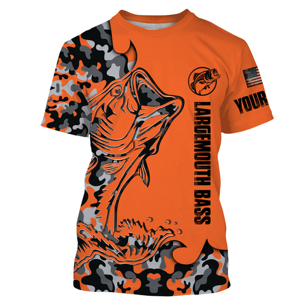 Largemouth Bass Fishing Jerseys, Bass Fishing Long sleeves Orange Camouflage custom Name UV Protection Quick-dry Shirts - FSD2819