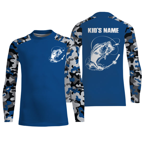 Custom Name Bass Fishing Camouflage Blue Performance Fishing Shirt, Bass Fishing Jerseys FSD2640