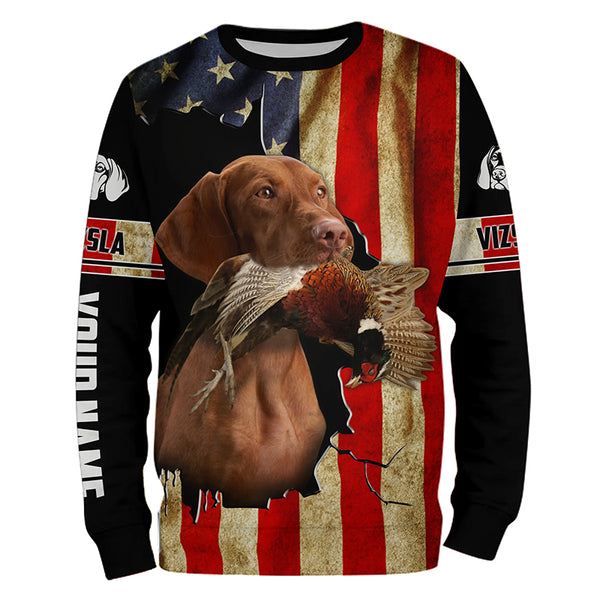 Vizsla Bird Dog Pheasant hunting American flag Custom Name Shirts, gifts for hunting dog owners FSD3801
