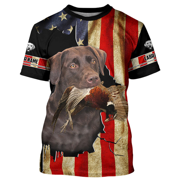 Bird Dog Labs Chocolate Labrador Pheasant hunting American flag Custom Name Shirts, Hoodie FSD3803