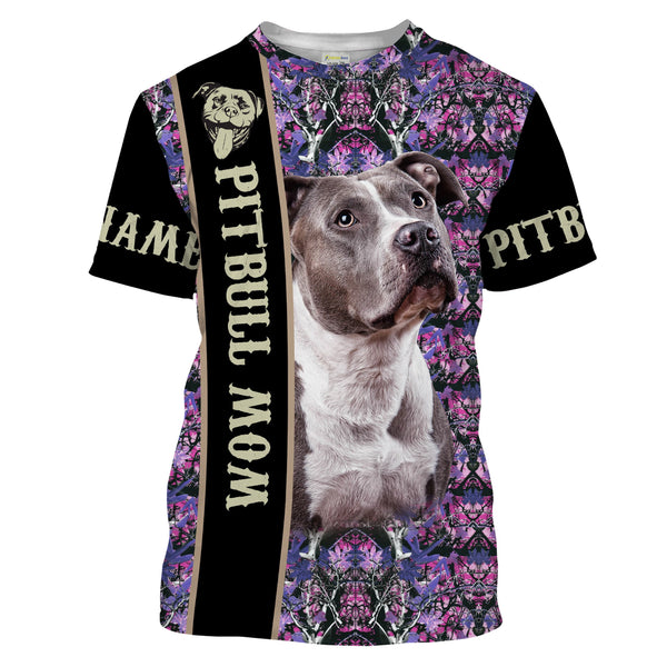Womens Pitbull Mom Pink and Purple Camo Custom Name 3D All over Printed Shirts Personalized Dog Mom Gifts FSD2170
