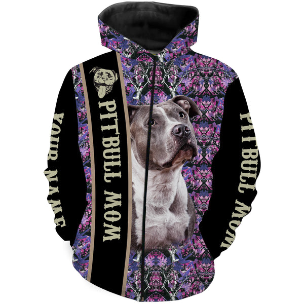 Womens Pitbull Mom Pink and Purple Camo Custom Name 3D All over Printed Shirts Personalized Dog Mom Gifts FSD2170