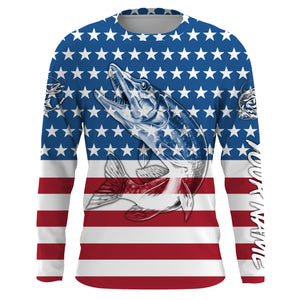 American Flag Musky Fishing Custom Long Sleeve Fishing Shirts, Patriotic Fishing gifts TTS0149