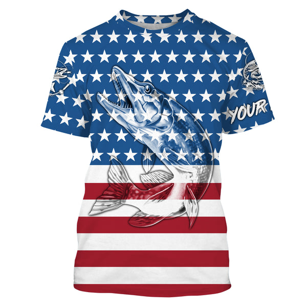 American Flag Musky Fishing Custom Long Sleeve Fishing Shirts, Patriotic Fishing gifts TTS0149