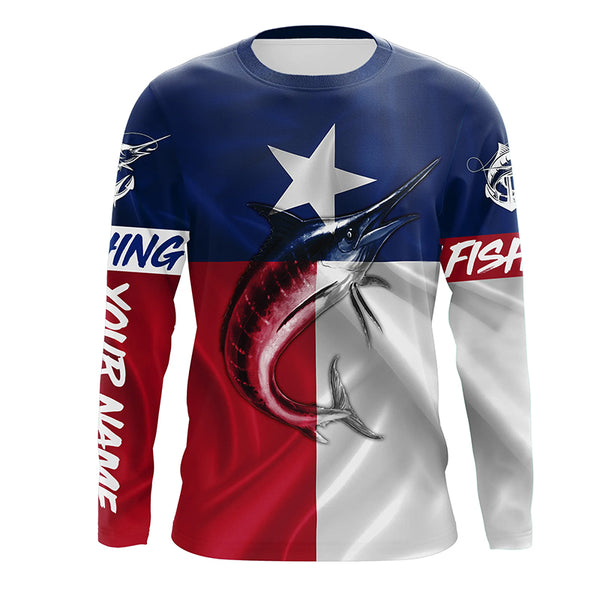 Texas Flag Marlin Fishing Custom Long Sleeve Fishing Shirts, tournament fishing shirts TTS0752