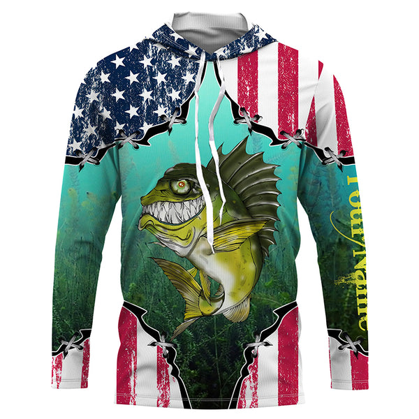 Largemouth Bass American flag Fishing Long Sleeve Fishing Shirt for Men TTS0781