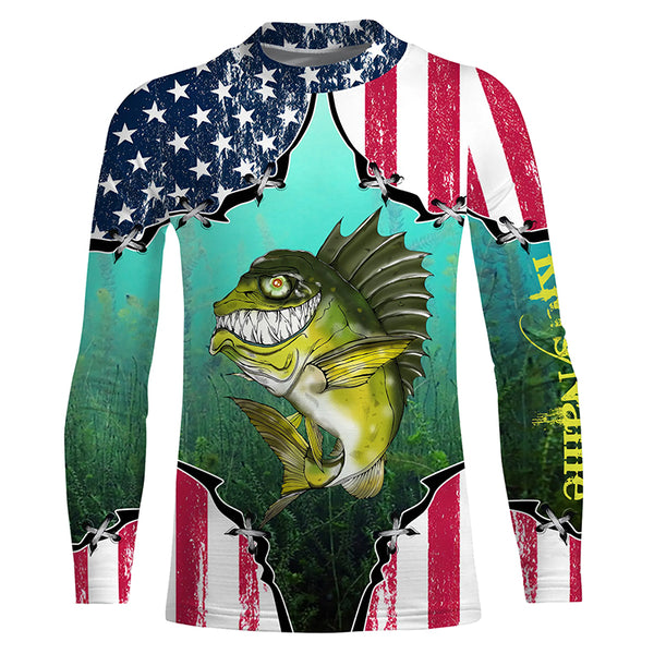 Largemouth Bass American flag Fishing Long Sleeve Fishing Shirt for Men TTS0781