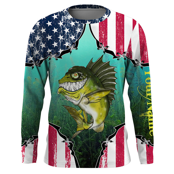 Largemouth Bass American flag Fishing Long Sleeve Fishing Shirt for Men TTS0781