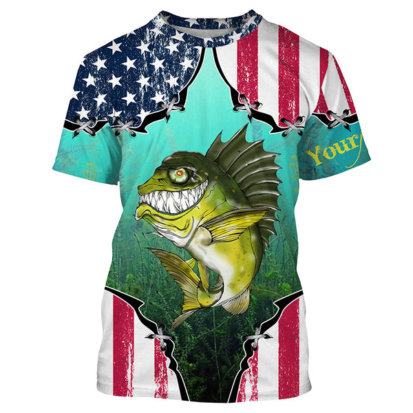 Largemouth Bass American flag Fishing Long Sleeve Fishing Shirt for Men TTS0781