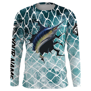 Marlin Fishing blue sea background Custom long sleeve performance fishing shirts TTS0160
