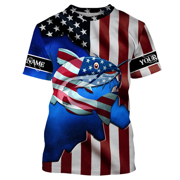 American Flag Catfish Fishing Custom Long sleeve performance Fishing Shirts TTS0162