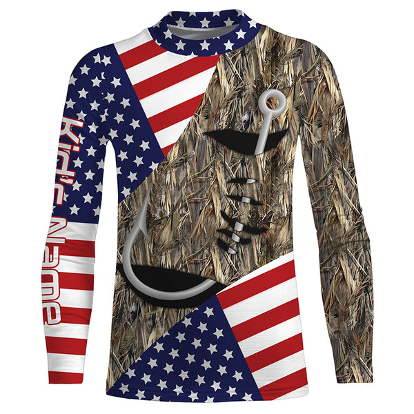Fish Hook American Flag Custom name performance anti UV long sleeve fishing shirts TTS0163