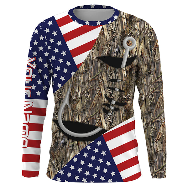 Fish Hook American Flag Custom name performance anti UV long sleeve fishing shirts TTS0163