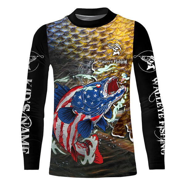 American Walleye Fishing Shirt for Men Long Sleeve Sun Protection UV UPF 30+ T-Shirts TTS0765