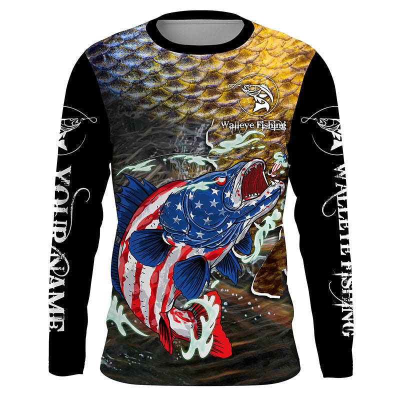 American Walleye Fishing Shirt for Men Long Sleeve Sun Protection UV UPF 30+ T-Shirts TTS0765