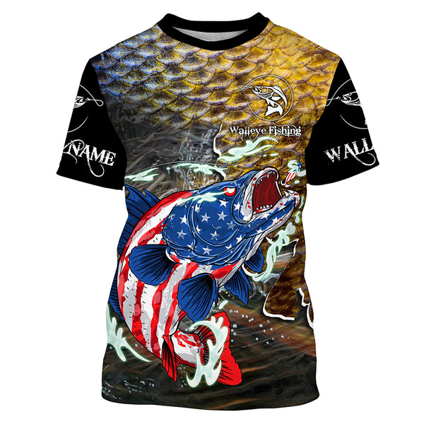 American Walleye Fishing Shirt for Men Long Sleeve Sun Protection UV UPF 30+ T-Shirts TTS0765